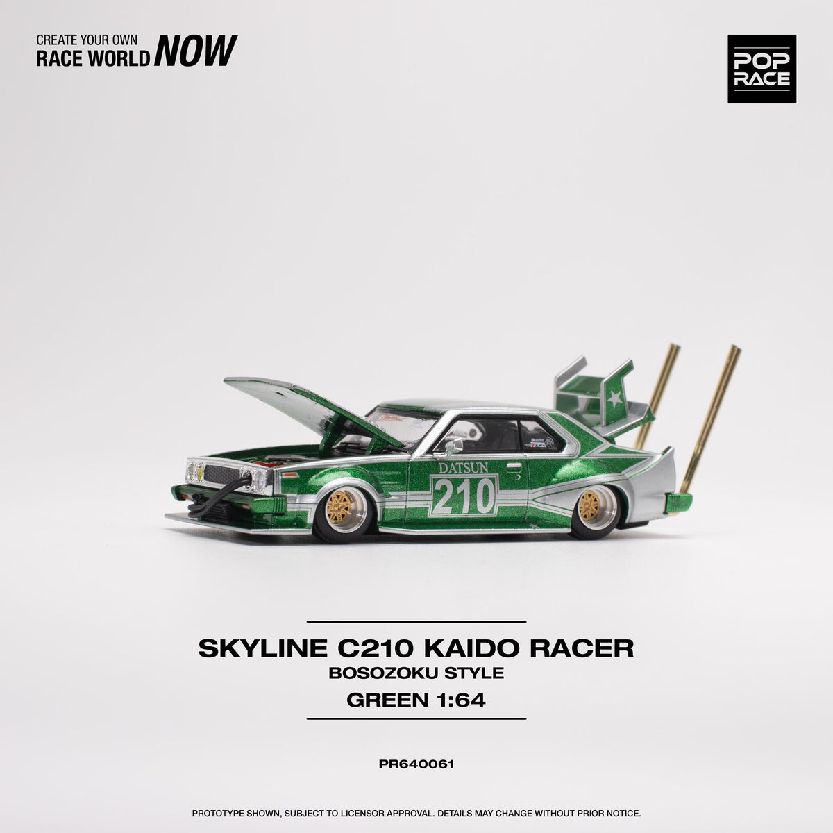 Pop Race 1/64 Nissan Skyline (C210) Bosozuko Style in Silver / Green