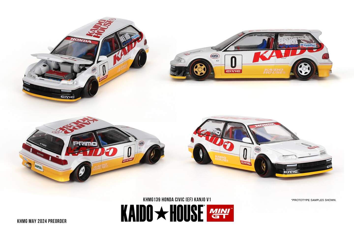 Kaido House x Mini GT 1:64 Honda Civic (EF) Kanjo V1 – White/Yellow