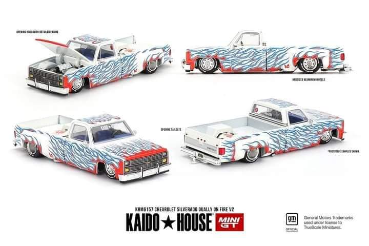 Kaido House x Mini GT 1:64 Chevrolet Silverado Dually on Fire V2 – White Flames