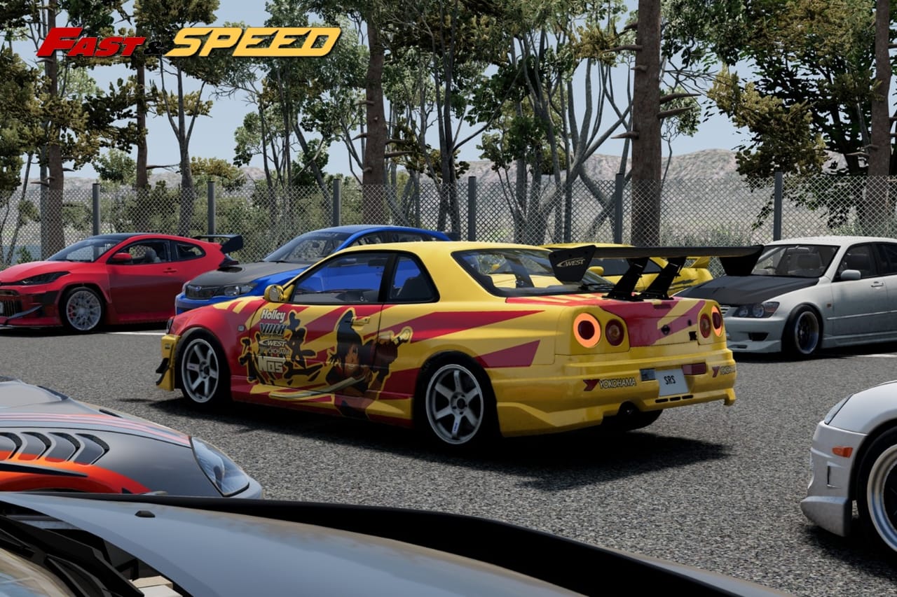 Fast Speed Nissan Skyline GT-R R34 Z-Tune in SRS Yellow-Red Livery