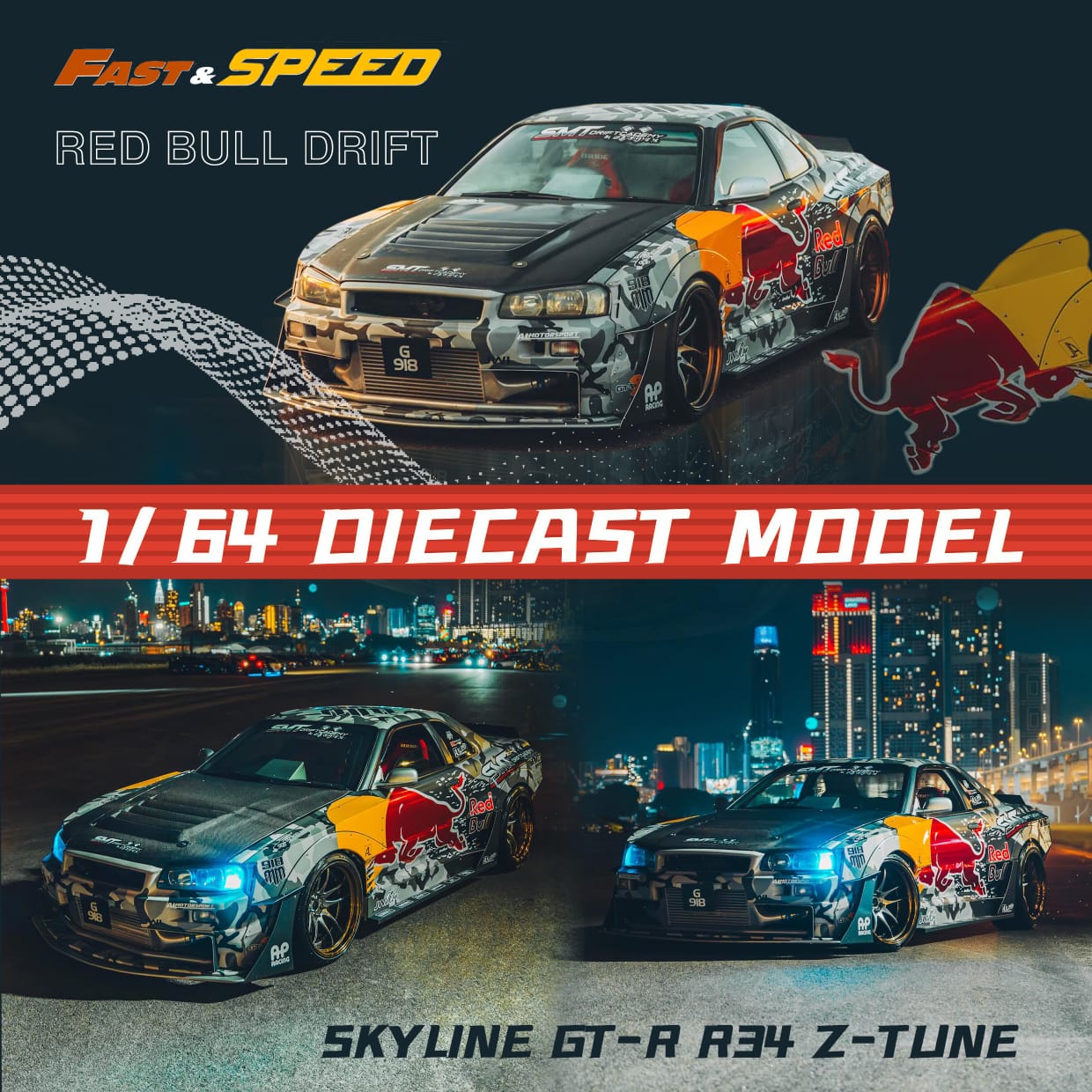 Fast Speed Nissan Skyline GT-R R34 Z-Tune in Redbull Livery