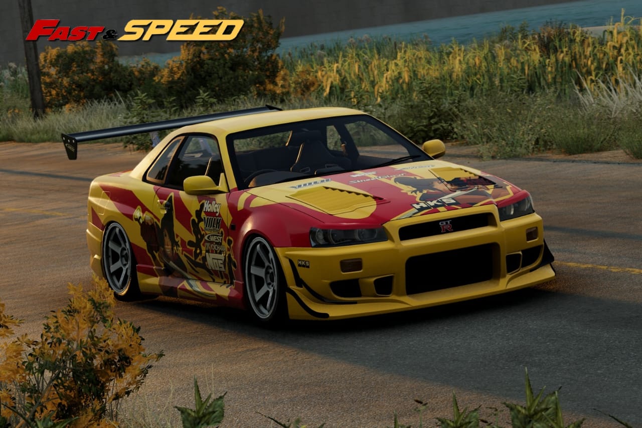 Fast Speed Nissan Skyline GT-R R34 Z-Tune in SRS Yellow-Red Livery