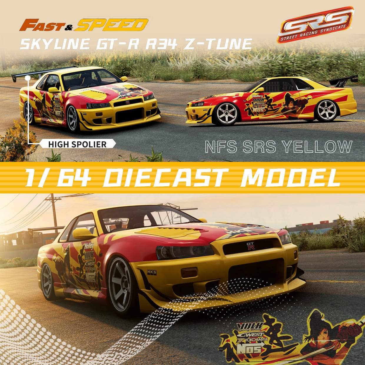 Fast Speed Nissan Skyline GT-R R34 Z-Tune in SRS Yellow-Red Livery