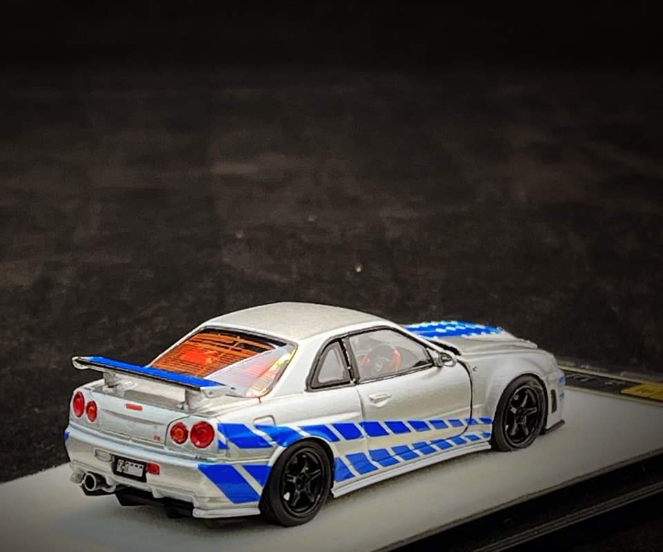 PGM x One Model Nissan R34 Z Tune Silver with Blue Stripes,Fully Opening