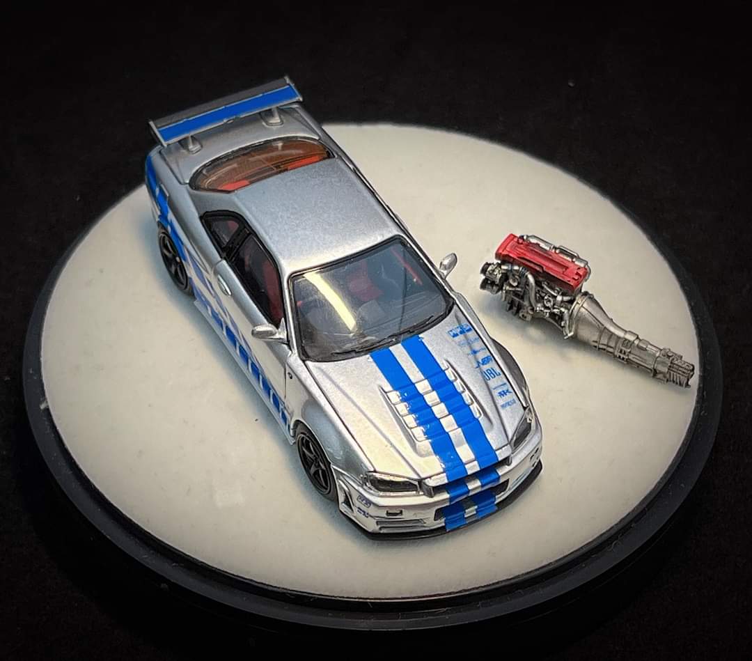 PGM x One Model Nissan R34 Z Tune Silver with Blue Stripes,Fully Opening