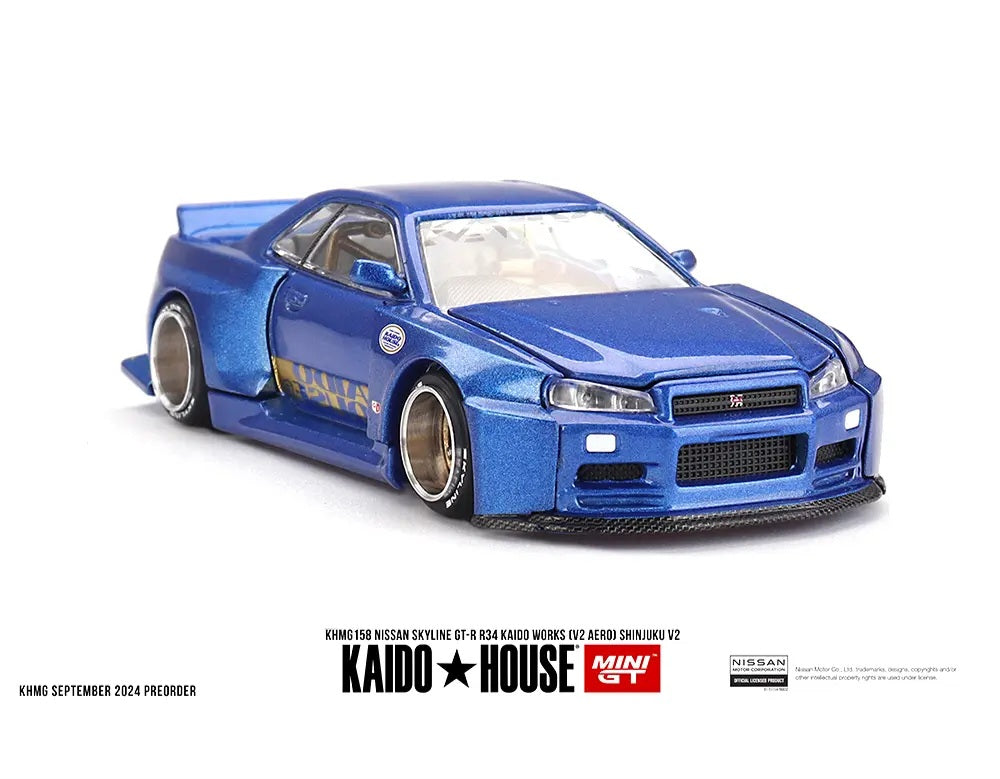 Kaido House x Mini GT 1:64 Nissan Skyline GT-R (R34) Kaido Works (V2 Aero) SHINJUKU V2- Blue
