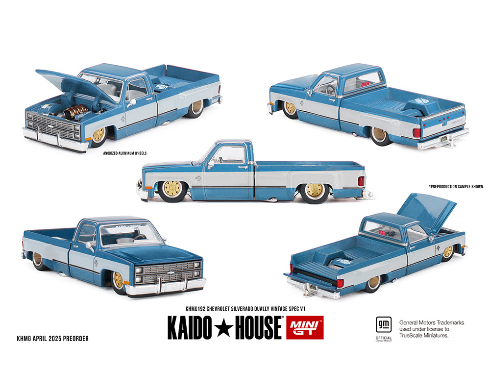 Kaido House x Mini GT 1:64 Chevrolet Silverado Dually Vintage Spec V1 in Blue/White