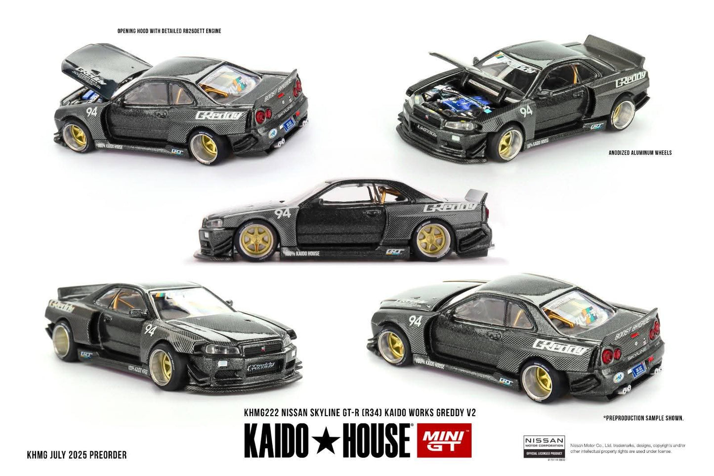 Kaido House x Mini GT 1:64 Nissan Skyline GT-R (R34) Kaido Works GReddy V2 – Black w/ Carbon