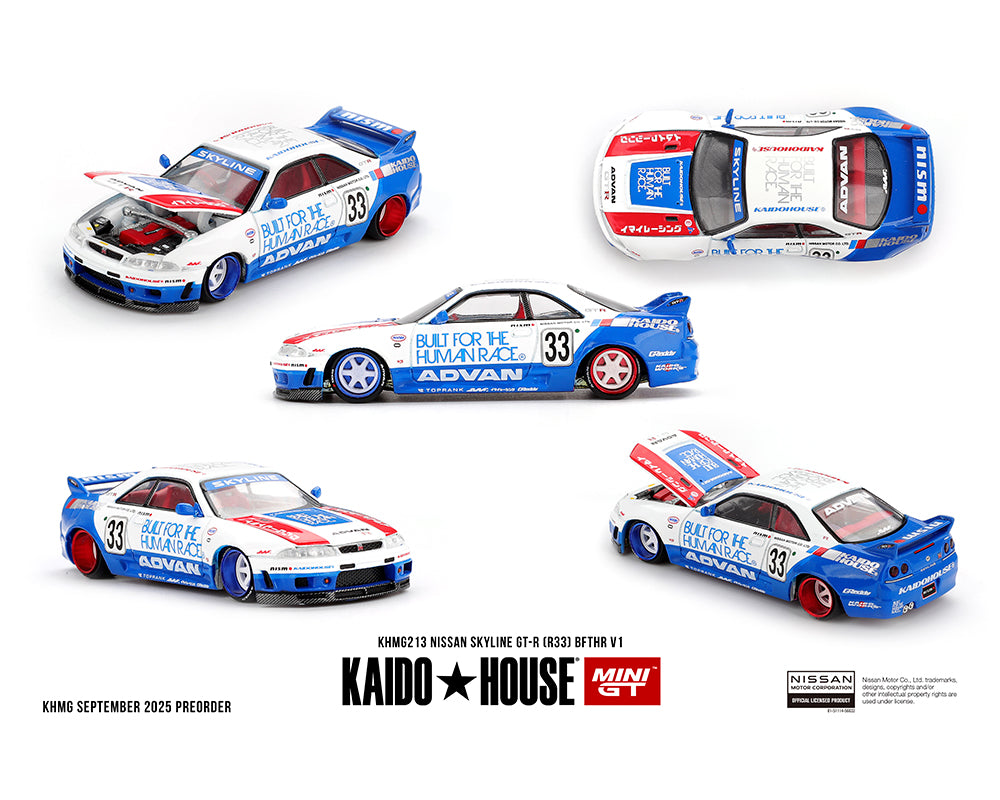 Kaido House x Mini GT Nissan Skyline GT-R (R33) BFTHR V1 – White w/ Blue Two-tone