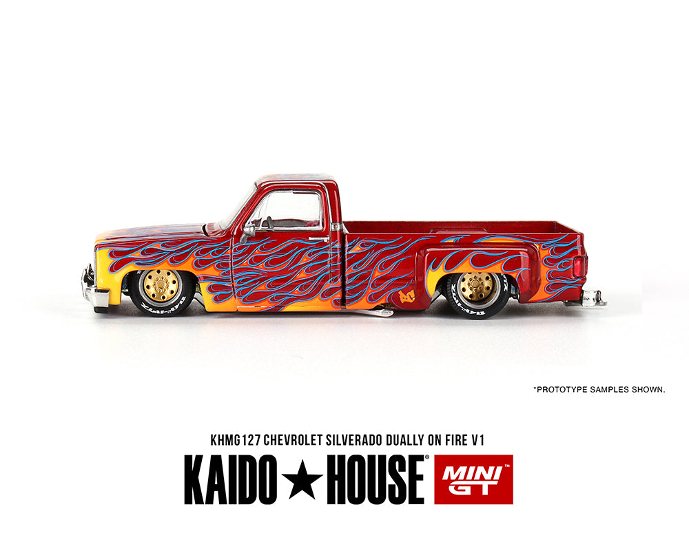 [Pre-Order] Kaido House x Mini GT 1:64 Chevrolet Silverado Dually on Fire V1 – Red with Flames