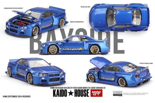 [Pre-Order] Kaido House x Mini GT 1:64 Nissan Skyline GT-R (R34) Kaido Works (V2 Aero) SHINJUKU V2- Blue