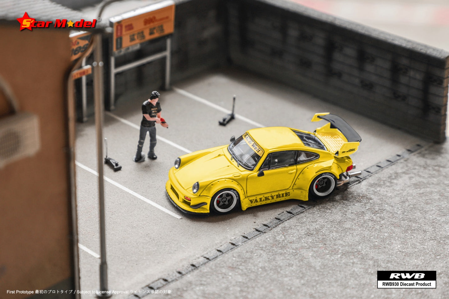 Star Model Porsche RWB 930 GT Wing in Valkyrie in Yellow with Figurine