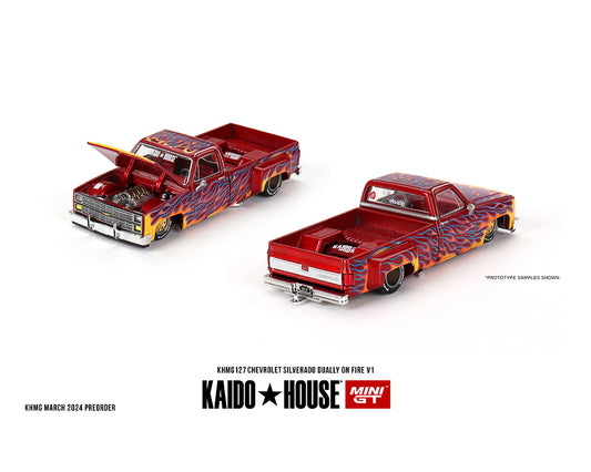 [Pre-Order] Kaido House x Mini GT 1:64 Chevrolet Silverado Dually on Fire V1 – Red with Flames