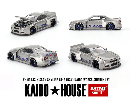 [Pre-Order] Kaido House x Mini GT 1:64 Nissan Skyline GT-R (R34) Kaido Works SHINJUKU V1 – Silver