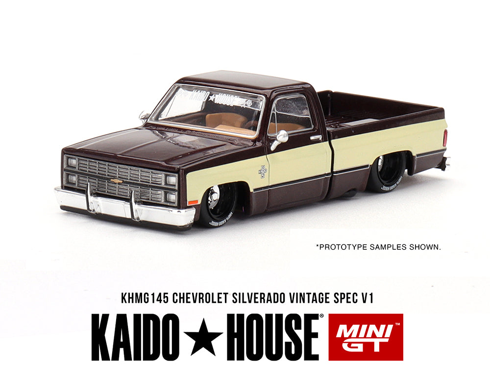 [Pre-Order] Kaido House x Mini GT 1:64 Chevrolet Silverado KAIDO Vintage Spec V1 – Two-Tone Brown Cream