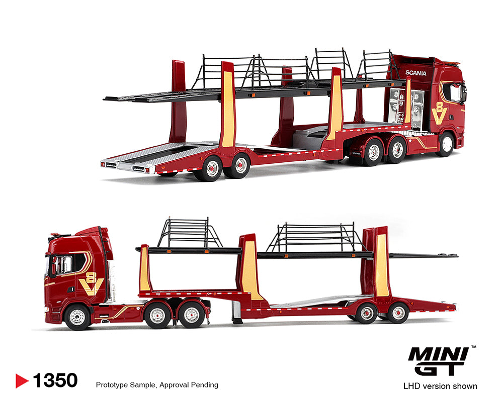 [Pre-Order] Mini GT 1:64 Scania 770S A6x4NA Car Transporter V8 50th anniversary + Car transporter – Red – Limited Edition