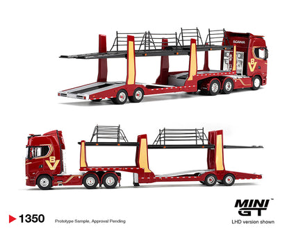 [Pre-Order] Mini GT 1:64 Scania 770S A6x4NA Car Transporter V8 50th anniversary + Car transporter – Red – Limited Edition
