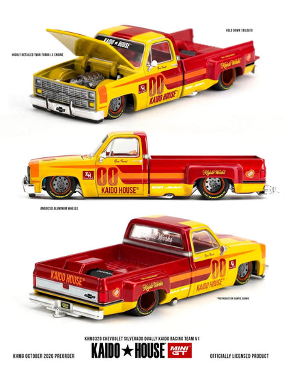 [Pre-Order] Kaido House x Mini GT Chevrolet Silverado Dually Kaido Racing Team V1 – Yellow Red Two- Tone