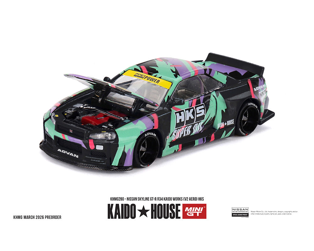 [Pre-Order] Kaido House x Mini GT 1:64 Nissan Skyline GT-R R34 Kaido Works (V2 Aero) HKS – Limited Edition