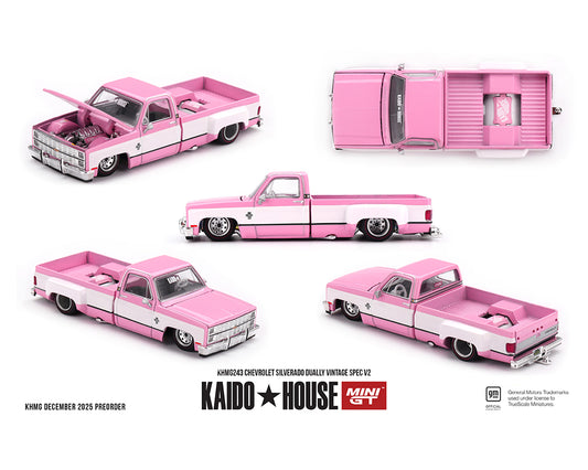 [Pre-Order] Kaido House x Mini GT Chevrolet Silverado Dually Vintage Spec V2 – Pink with White