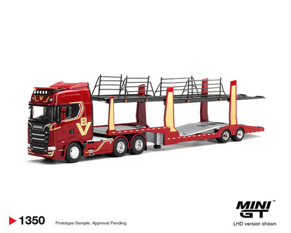 [Pre-Order] Mini GT 1:64 Scania 770S A6x4NA Car Transporter V8 50th anniversary + Car transporter – Red – Limited Edition