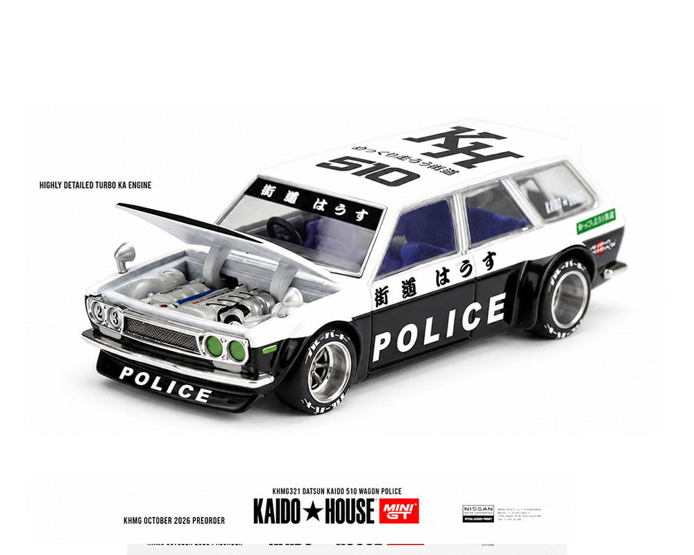 [Pre-Order] Kaido House x Mini GT Datsun KAIDO 510 Wagon Police – Black White Two-Tone
