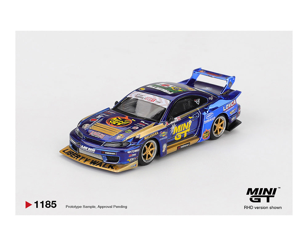 [Pre-Order] Mini GT 1:64 Nissan LB-Super Silhouette S15 SILVIA #555 Team MINI GT Liberty Walk 2025 Formula Drift Halloween Special – Chrome Blue