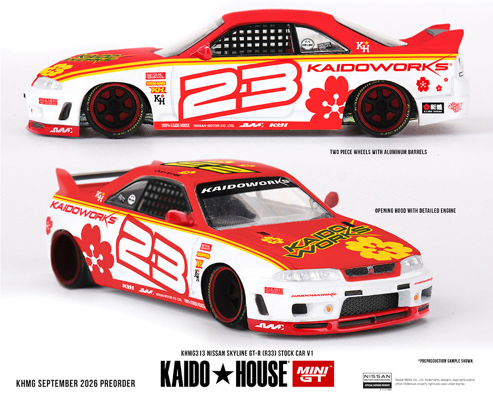 [Pre-Order] Kaido House x Mini GT Nissan Skyline GT-R (R33) Kaido Stock Car V1 – White w/ Red Two-tone