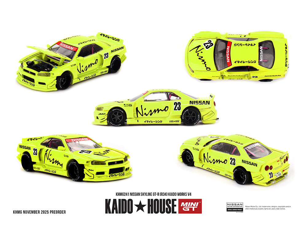 [Pre-Order] Kaido House x Mini GT Nissan Skyline GT-R (R34) Kaido Works V4 – Yellow