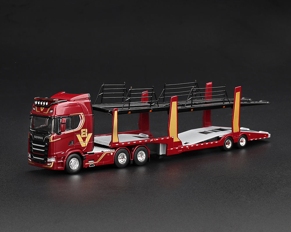 [Pre-Order] Mini GT 1:64 Scania 770S A6x4NA Car Transporter V8 50th anniversary + Car transporter – Red – Limited Edition