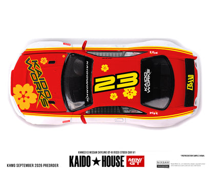 [Pre-Order] Kaido House x Mini GT Nissan Skyline GT-R (R33) Kaido Stock Car V1 – White w/ Red Two-tone
