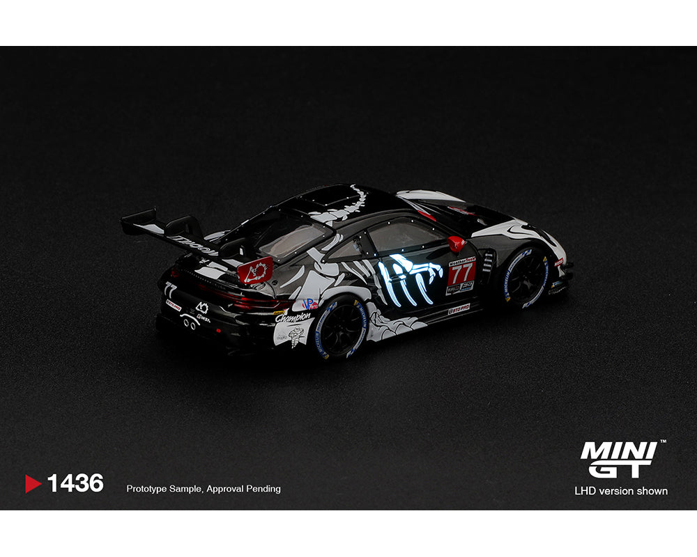 [Pre-Order] Mini GT Porsche 911 GT3 R (992) #77 AO Racing “Skeleton Rexy” 2026 IMSA Petit Le Mans – (Glow in the Dark)