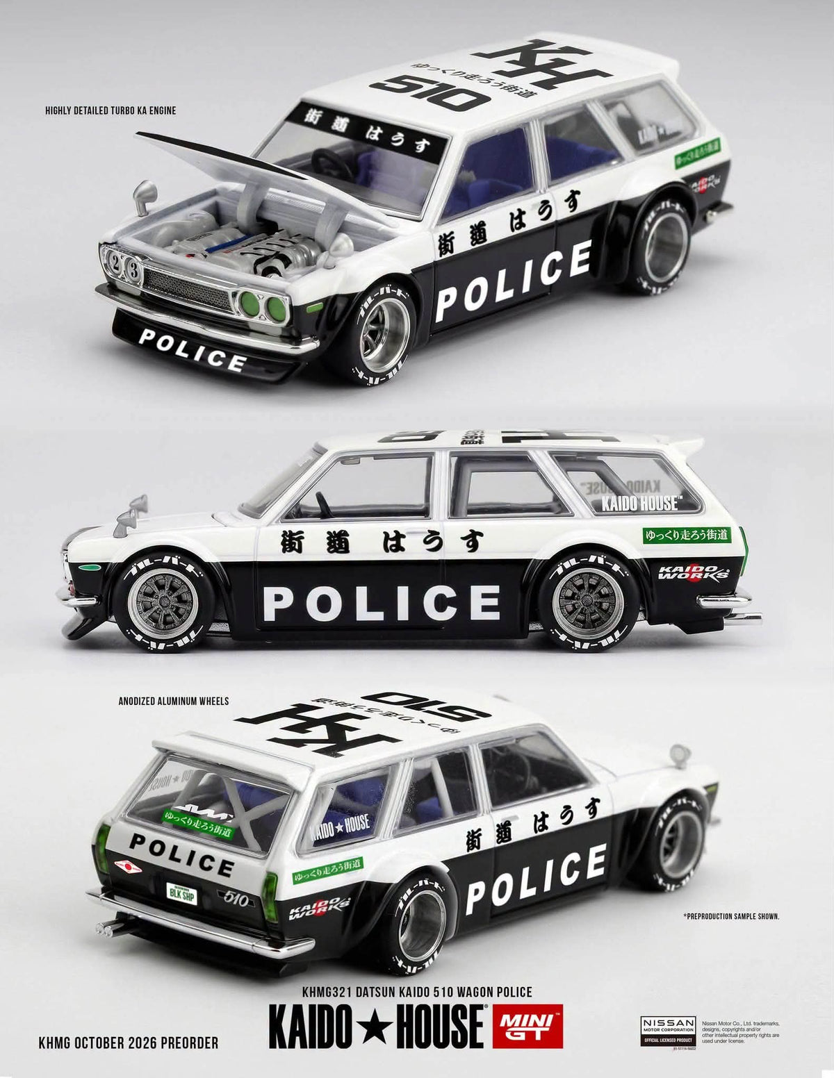 [Pre-Order] Kaido House x Mini GT Datsun KAIDO 510 Wagon Police – Black White Two-Tone