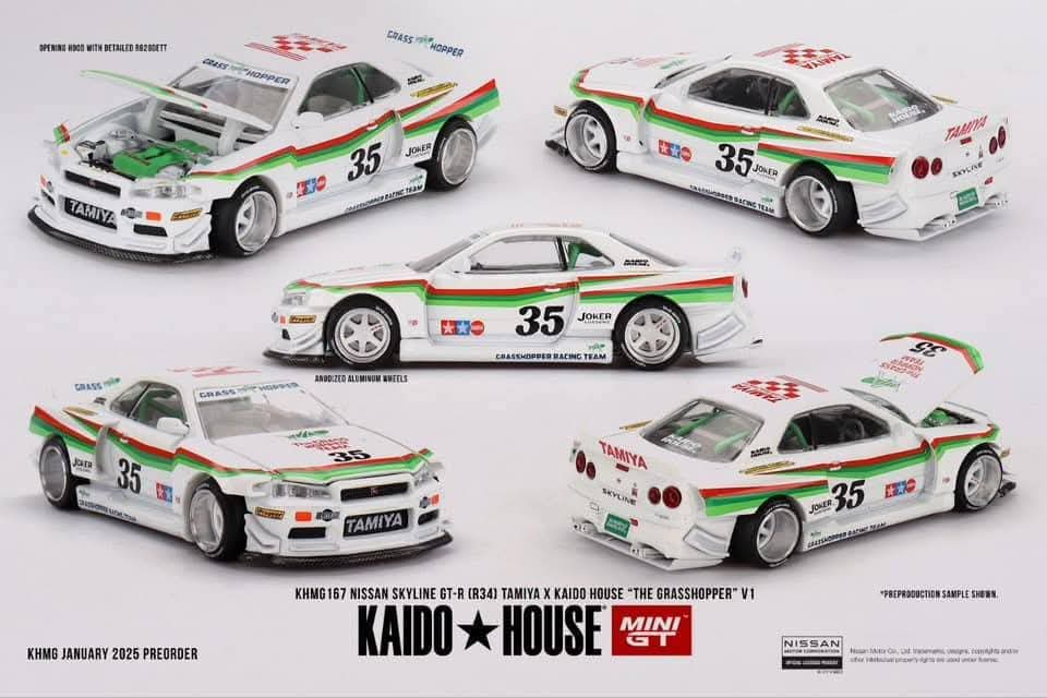 [Pre-Order] Kaido House x Mini GT 1:64 Nissan Skyline GT-R (R34) Tamiya X Kaido House “The Grasshopper” V1 – White